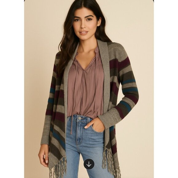 Altar'd State Sweaters - Altar’d State Grey Drape Front Cardigan Sweater Striped w/Fringe, Size S
